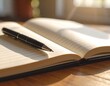 © Zoel - Peaceful morning scene with a pen resting on a blank open journal, set on a wooden desk with soft sunlight. Concept of writing, reflection, and planning