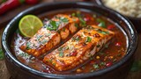 Two pieces of salmon in a rich, spicy sauce, garnished with fresh herbs and chili peppers.  A lime wedge and a portion of rice are visible in the background