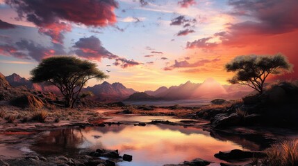 Wall Mural - realistic african safary landscape at sunset 