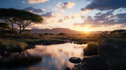 Wall Mural - realistic african safary landscape at sunset 