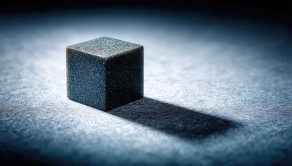 dark cube on a textured surface with a dramatic shadow.
