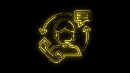 Glowing Neon Yellow Customer Support Icon with Phone and Chat Bubbles on Black Background Dynamic