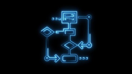 Glowing blue neon flowchart diagram isolated on black background representing process Glowing Neon