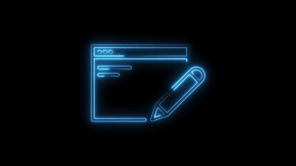 Glowing Neon Blue Edit Icon with Pencil and Web Browser Interface on Black Background Digital