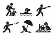 © Graham - Pet activity solid icon set. Man with dog hiking, swimming, playing frisbee and fetch. Dog on a beach picnic. Outdoor leisure with pet symbol. Vector illustration.