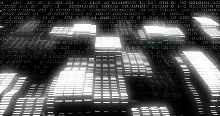 Wall Mural - Displaying illuminated blocks forming 3D grid in dark digital space, with floating binary digits
