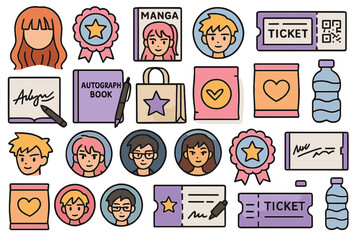  Colorful fan convention and anime event icons set including character avatars, award badges, manga books, autograph books, merchandise bags, snacks, water bottles, tickets, and collectible signatures