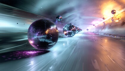 Wall Mural - _high-tech abstract composition blending 2d flat design and 3d holographic spheres.