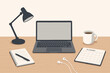 © MaximB - Workspace setup with laptop, planner, and coffee cup for productive day at home