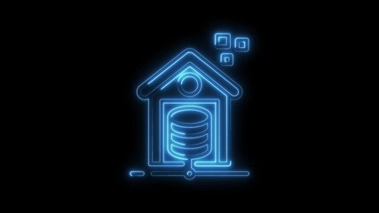 Wall Mural - Glowing Blue Neon House Icon with Database Symbol and Squares on Black Background Abstract