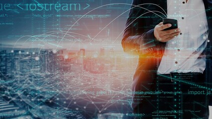 A businessman interacts with a smartphone amidst a vibrant cityscape, enhanced by a digital overlay that symbolizes technology and modern communication. Xenic