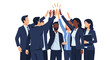 © Kecebong Anyut - A diverse group of enthusiastic business professionals celebrates their collective success with a high-five, symbolizing strong teamwork, unity, and shared triumph.