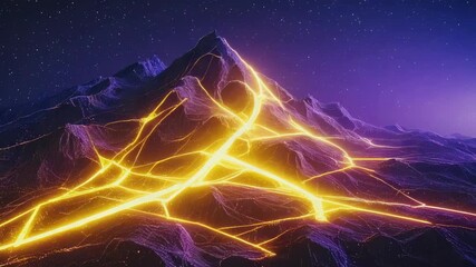 Wall Mural - bright yellow glowing veins intricately covering a mountain range at night, creating a mesmerizing f