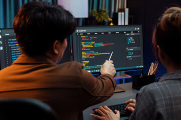 Smart IT developer looking at coding program application on computer screen of online website at back side, analyzing intelligent database system development on business marketing at office. Infobahn.
