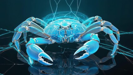 Wall Mural - glowing blue futuristic crab stands on reflective surface with digital network surrounding, creating