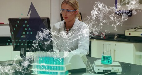 Wall Mural - animation of connected dots forming dna helix over caucasian female researcher using computer