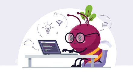A Whimsical Illustration Of A Beet-Bee Enthusiastically Coding On A Laptop Computer