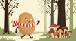 © REZA - A Worried Potato Character Walking In The Woods With Many Mushrooms, Autumn Time