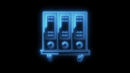 Wall Mural - Glowing Blue Neon Server Racks Icon Isolated on Black Background Digital Technology Data Center