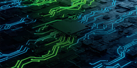 Closeup of a futuristic computer motherboard with glowing green and blue circuit lines and a central processor