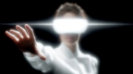 Wall Mural - A futuristic figure wearing glowing glasses reaches forward. The image captures a sense of technology and innovation. It combines simplicity with a high-tech style. Embrace the future. AI