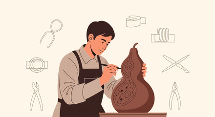 Artisan Sculpting Gourd With Precision, Creating Intricate Designs and Craftsmanship