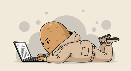 Animated Potato Character Casually Working On a Laptop with Determination And Zest