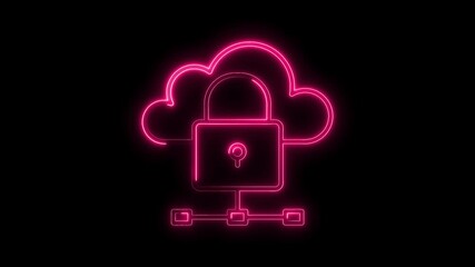 Wall Mural - Glowing Neon Pink Cloud Lock Icon Connected Network Security Digital Data Protection Abstract