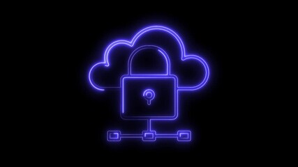 Wall Mural - Glowing Neon Cloud Lock Network Security Icon Isolated on Black Background Digital Technology