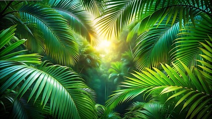 Lush green palm leaves in a tropical rainforest with bright sunlight