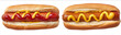© kairel - Hot dogs with mustard and ketchup isolated on a white background top view Three different hot dogs side by side each one slightly larger than the next