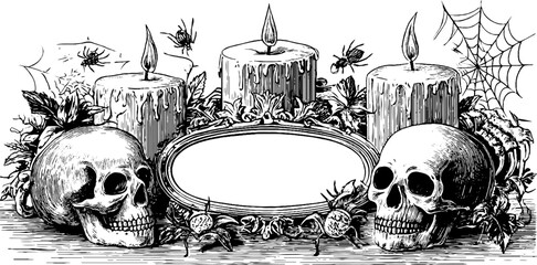 Wall Mural - Halloween candlelit skull arrangement for gothic decor and invitations