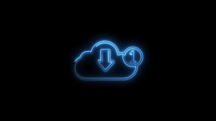 Wall Mural - Glowing Neon Blue Cloud Download Icon with Notification Badge Isolated on Black Background