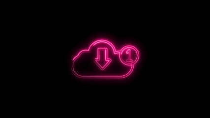 Wall Mural - Glowing Neon Pink Cloud Download Icon with Notification Badge Isolated on Black Background