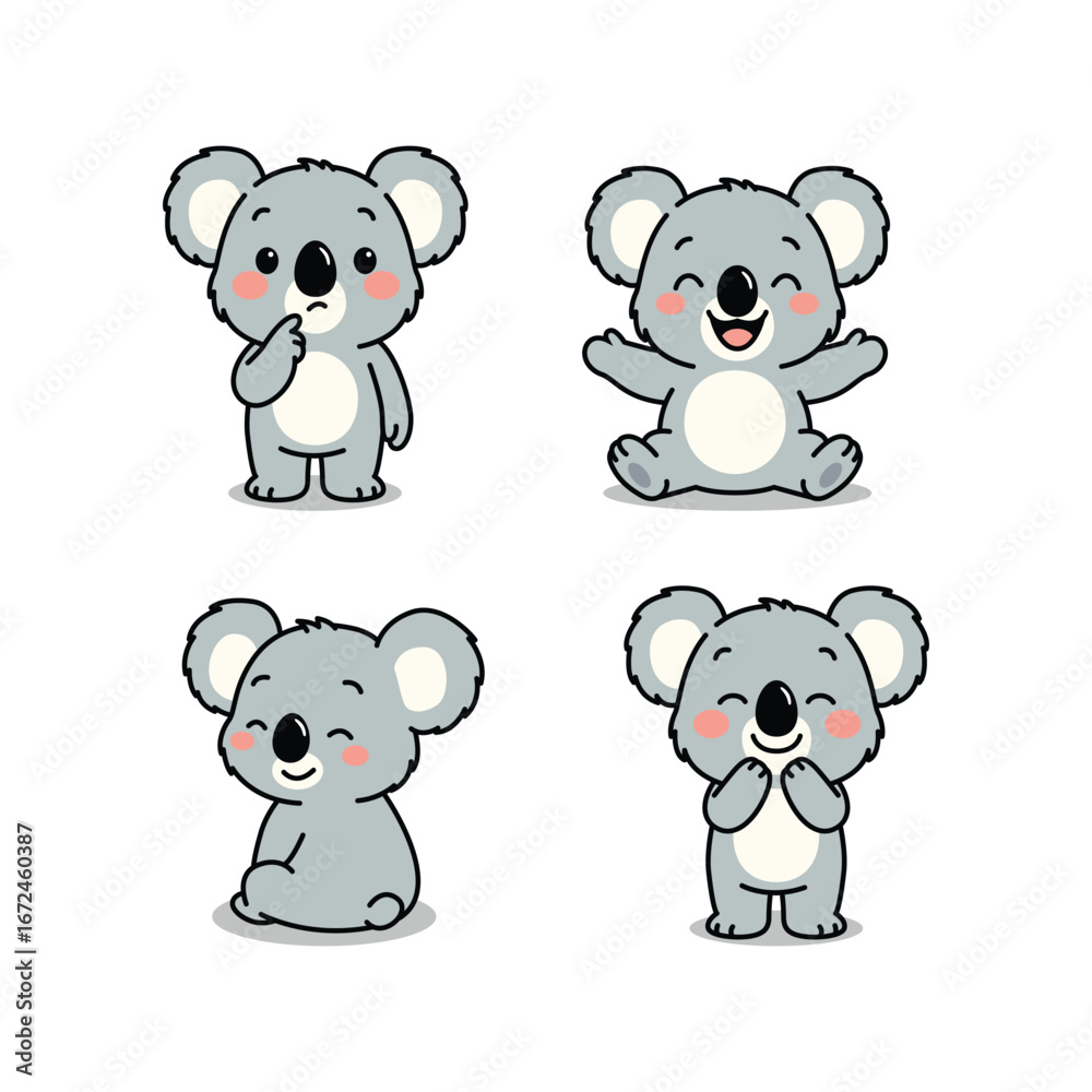 Cute koala collection in different poses, vector illustration Stock ...