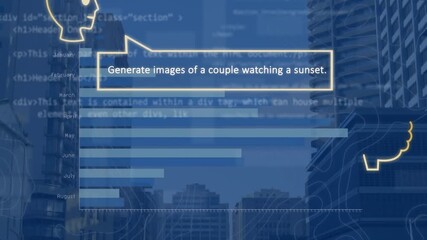 Wall Mural - animation of ai generated data processing and topography against tall buildings