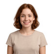 © Rebro - Smiling young woman, light tee; PNG transparent background.