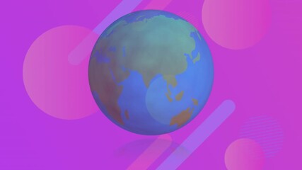 Wall Mural - animation of spinning globe and pink spots over abstract shapes on purple background with copy space