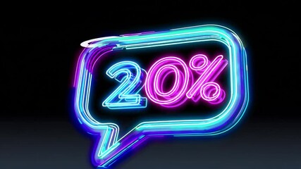 three-dimensional rendered of neon sign in the shape of speech bubble containing the number twenty percent in blue and pink hues