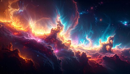 Wall Mural - Spectacular Vivid Galactic Nebula Cloudscape with Vibrant Colors and Bright Stars