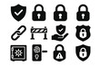 © Tanya - Security Icon Collection. Solid style icons of general security: shield with checkmark, padlock icon, keyhole in circle, closed