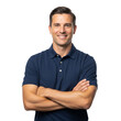 © Danyllo - Professional and friendly middle aged man wearing a navy blue polo shirt with his arms crossed looking at the camera with a confident smile on his face against a plain background