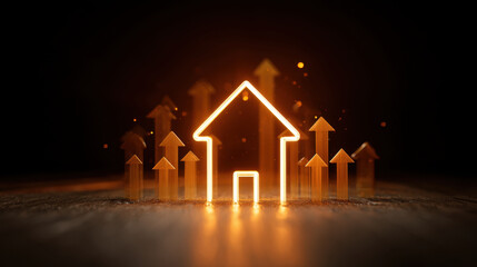 Wall Mural - glowing house symbol with upward arrows representing growth and investment in real estate, illuminat