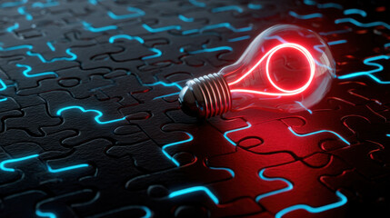 Wall Mural - glowing light bulb sits on dark puzzle background, symbolizing creativity and innovation. vibrant re