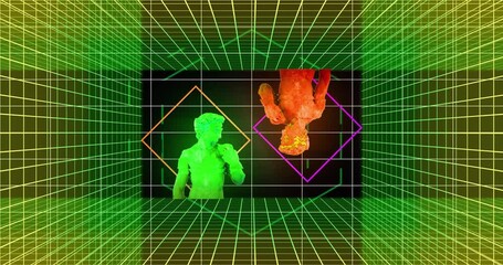 Animation of multicolored glitched male statue with rhombuses over grid pattern on black background