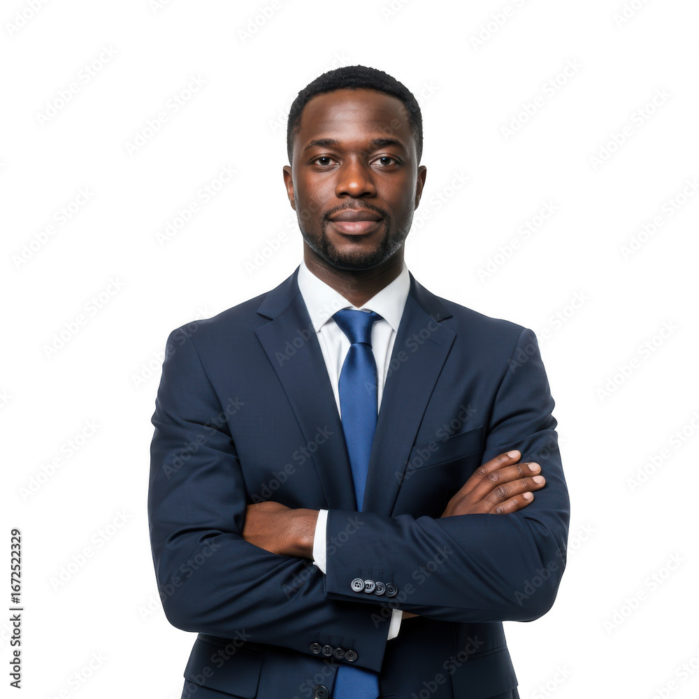 Professional african american man in a dark suit and blue tie standing ...