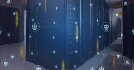 Wall Mural - animation of ai chatbot icons and glowing data streams over computer server room