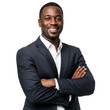 © sujon1638 - Smiling black man wearing a dark suit and white shirt with arms crossed confidently isolated on transparent background