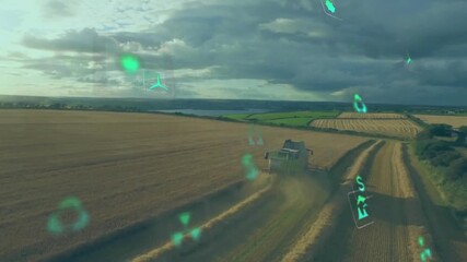 Wall Mural - animation of eco icons and data processing over countryside farm land
