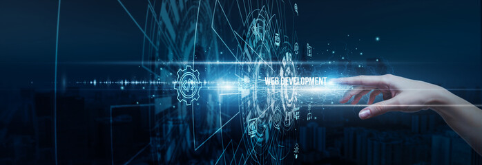 hand of developer touching dynamic web development data coding frameworks, design user experience in